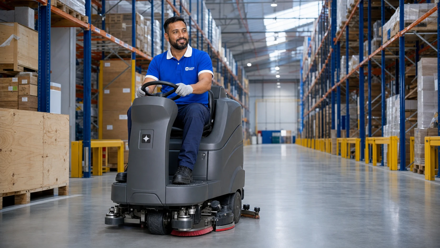 Clean Best operator scrubbing the aisle floor of a Western Sydney warehouse NSW